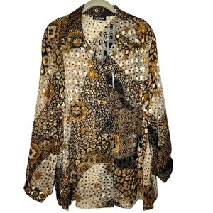 Vintage 90s Hot Stuff Sheer Floral Blouse Black Gold Top Leopard Print Button Up